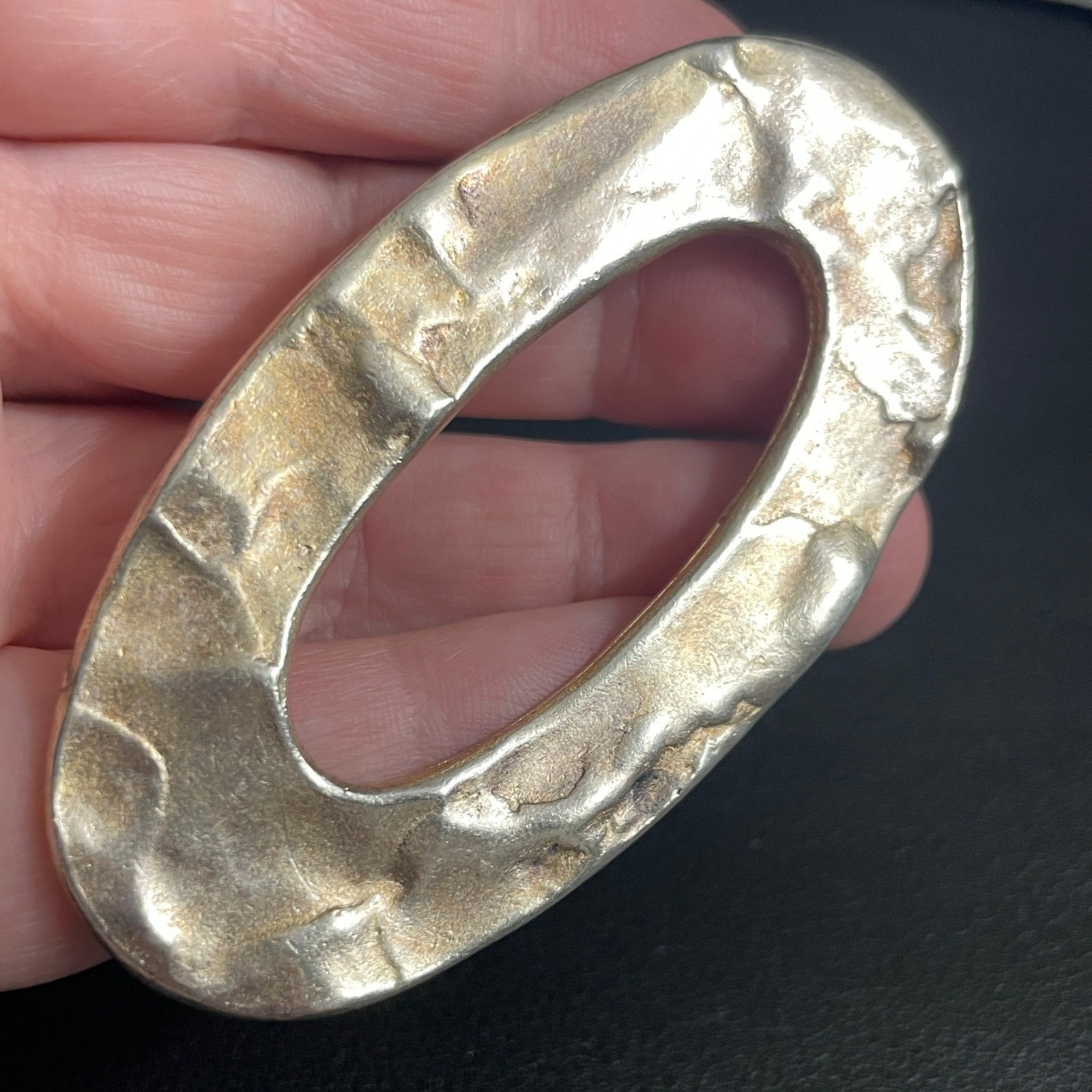 Biche De Bere Paris Brooch Vintage Hammered Silver Tone Oval Pin Designer French